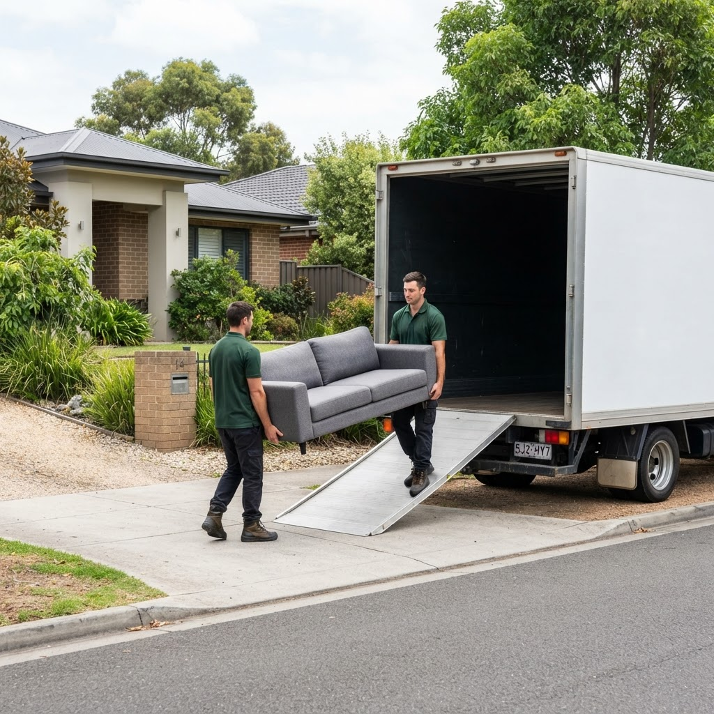 Two uniformed Homeward removalists carefully carrying a grey sofa toward an open moving truck outside an Australian suburban home