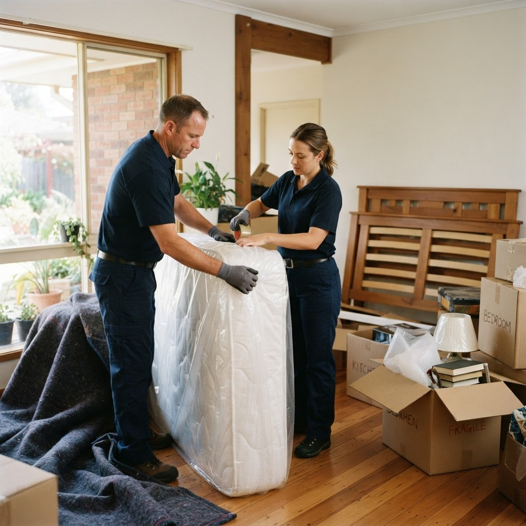Two professional removalists wrapping a mattress in a protective cover and packing household items into moving boxes inside a bright home