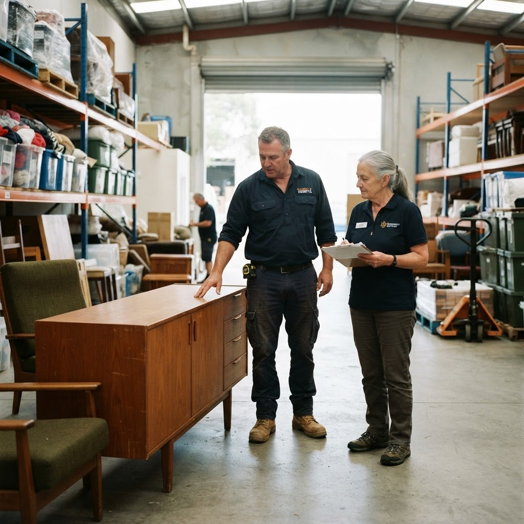 A Homeward removalist and a community charity worker reviewing a quality timber sideboard and armchairs being handed over for donation at a charity warehouse