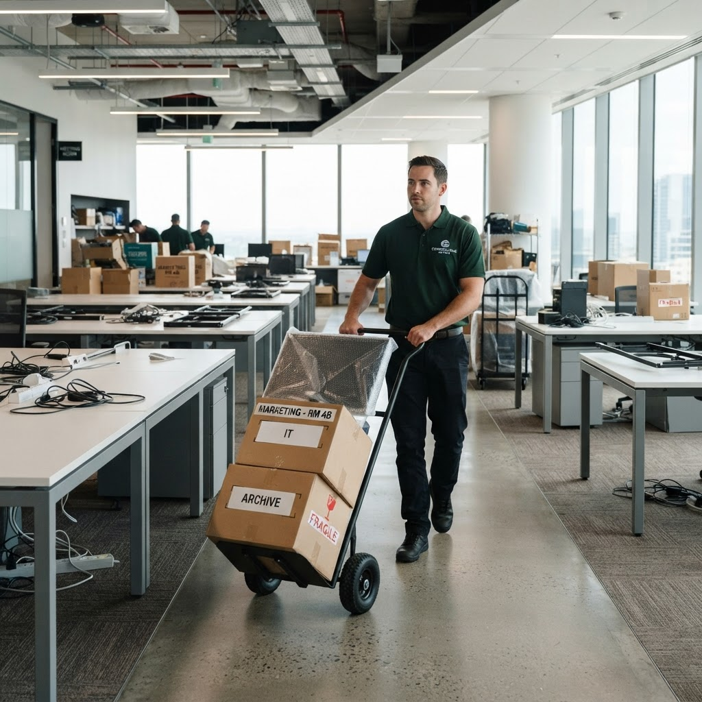 A mover relocating an office desk and chair alongside labelled equipment boxes and a monitor
