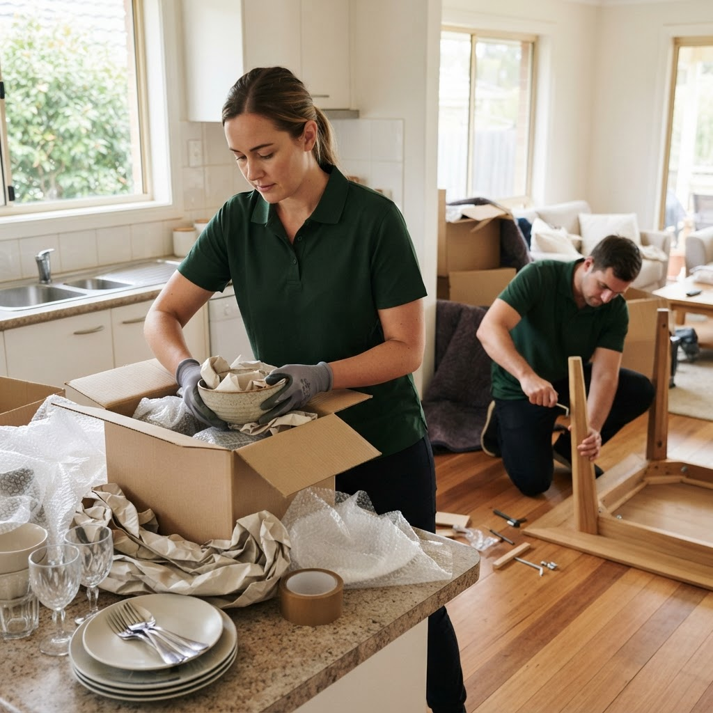 One mover packing household items into a box while another assembles a wooden table frame