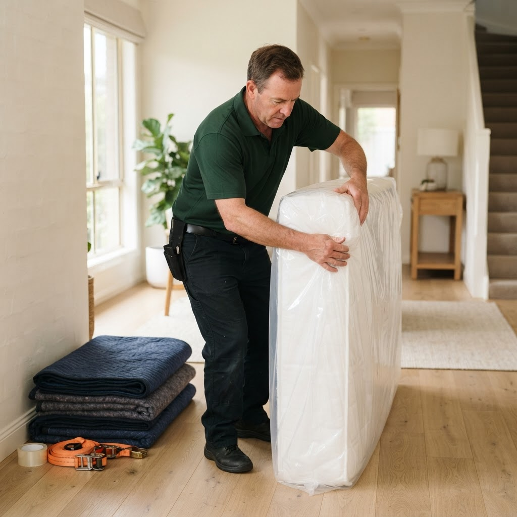 A mover securely wrapping a mattress in a protective cover with moving blankets and straps nearby